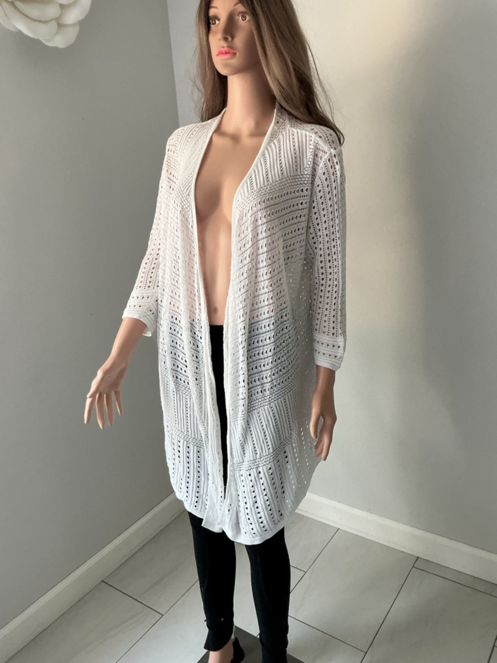 Traveler by Chico’s White Openwork Long Cardigan